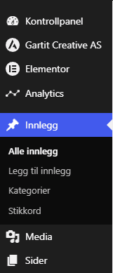 WordPress kontrollpanel etter innlogging.