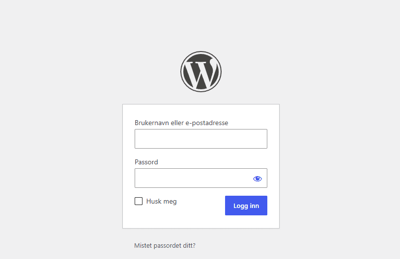 WordPress innloggingsside med felt for brukernavn og passord.