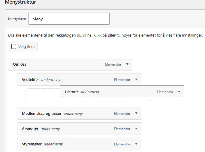 Endre rekkefølge på menypunkter i WordPress.