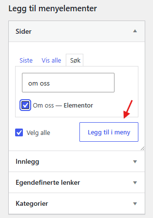 Legge til side i meny i WordPress.