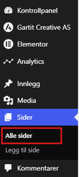 Oversikt over alle sider i WordPress.