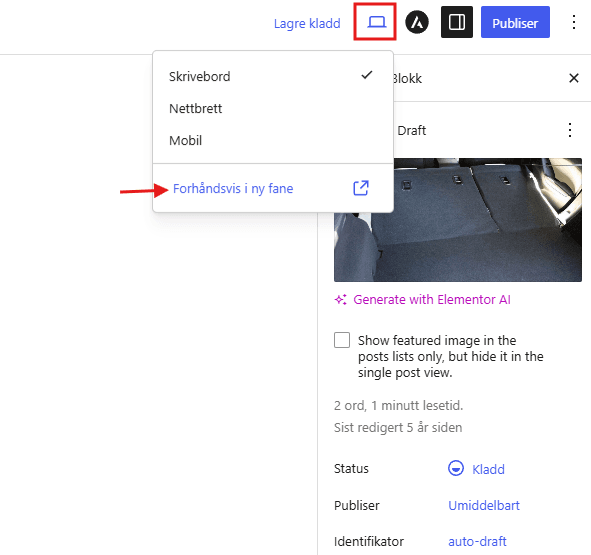 Forhåndsvise endringer på WordPress-side.