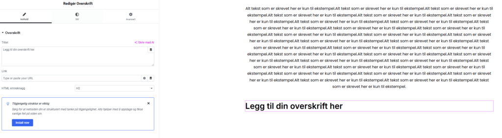 Redigere overskrift i Elementor.