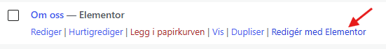 Åpne en WordPress-side med Rediger med Elementor.