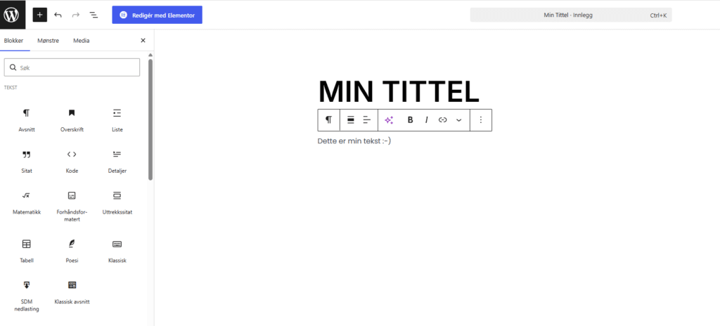 Skrive tekst i et WordPress-innlegg.
