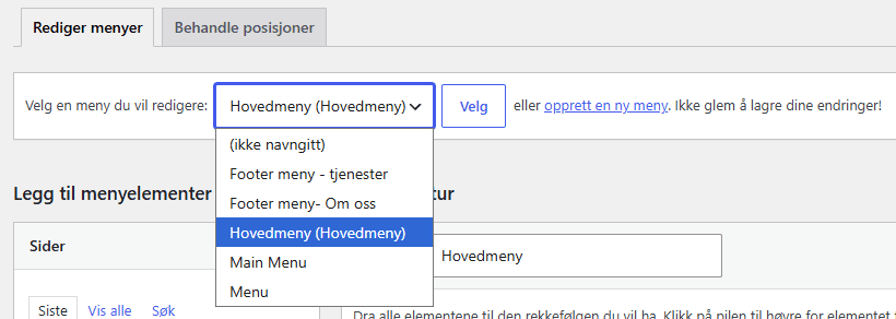 Velge hvilken meny som skal redigeres i WordPress