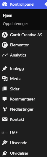 WordPress-kontrollpanel før menyredigering.