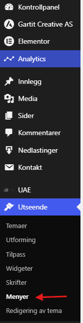Gå til Utseende og Menyer i WordPress.